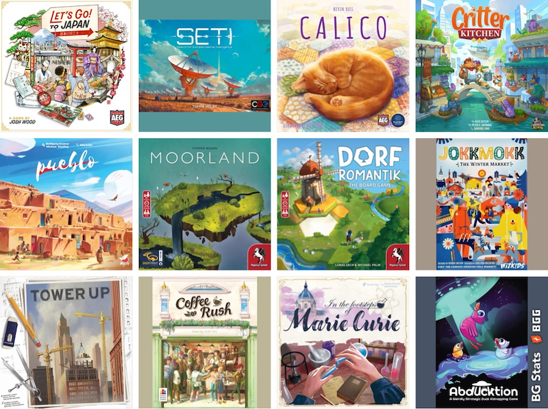 Collage featuring the board game box covers featured in this post including Let's Go! To Japan; SETI Search for Extraterrestrial Intelligence; Calico; Critter Kitchen;