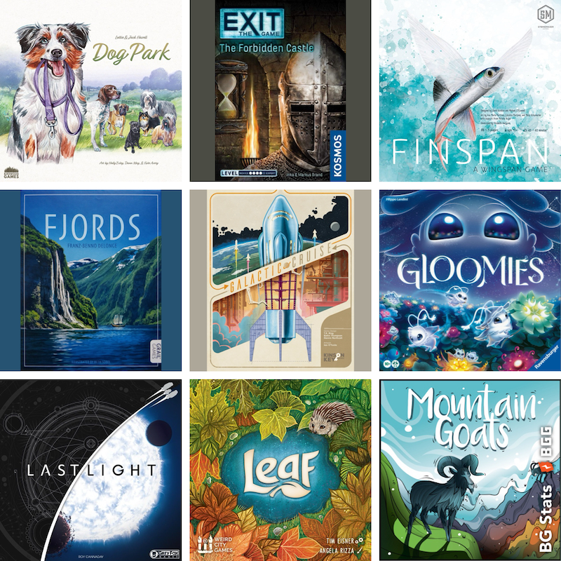 BG Stats 3 x 3. Dog Park; Exit The Game – The Forbidden Castle; Finspan; Fjords; Galactic Cruise; Gloomies; Last Light; Leaf; Mountain Goats.