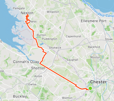 Map of my bike route out of Chester to Neston