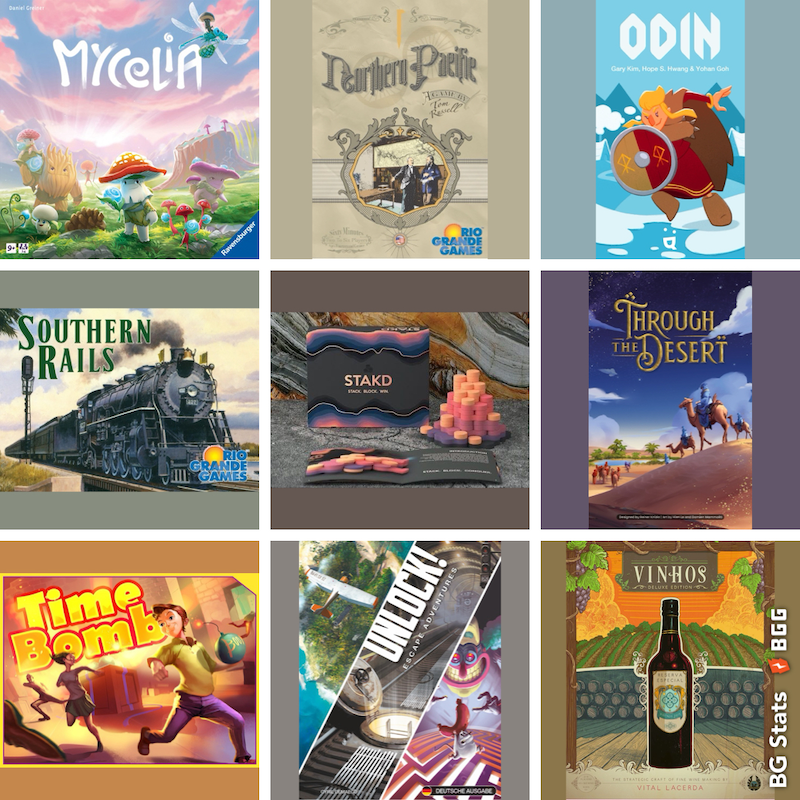 BG Stats 3 x 3. Mycelia; Northern Pacific; Odin; Southern Rails; STAKD; Through the Desert; Time Bomb; Unlock! Escape Adventures; Vinhos Deluxe Edition.