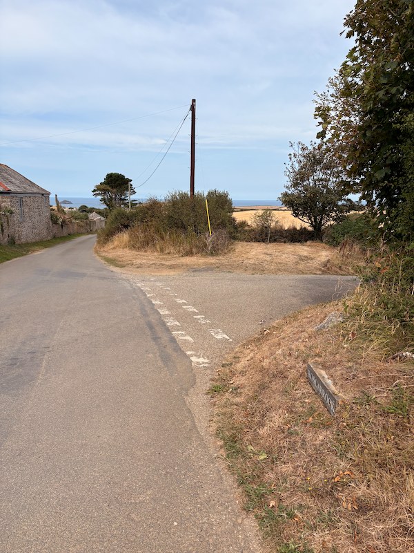A view across a road and yellow fields to the sea in the distance