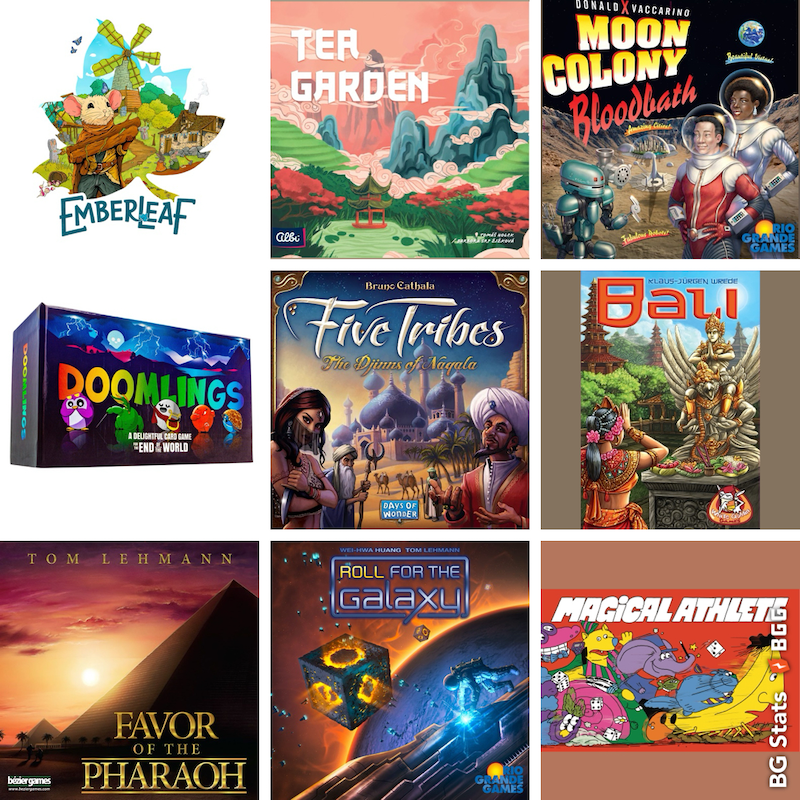 Collage featuring the board game box covers featured in this post including Emberleaf; Tea Garden; Moon Colony Bloodbath;