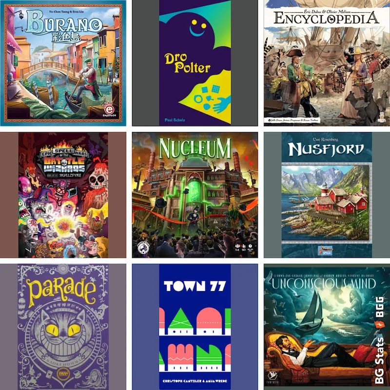 BG Stats 3 x 3. Burano; DroPolter; Encyclopedia; Epic Spell Wars of the Battle Wizards: Duel at Mt. Skullzfyre; Nucleum; Nusfjord; Parade; Town 77; Unconscious Mind.
