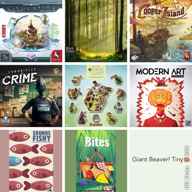 Collage featuring the board game box covers featured in this post including  Civolution, Black Forest, Cooper Island and Sanctuary.