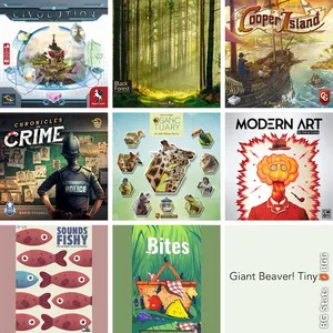 Collage featuring the board game box covers featured in this post including  Civolution, Black Forest, Cooper Island and Sanctuary.