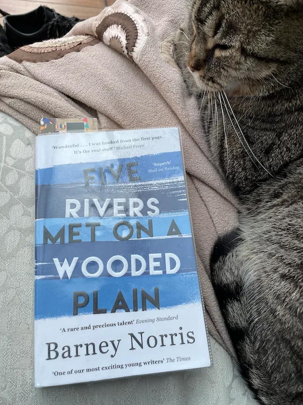 Cover of Five Rivers Met on a Wooded Plain, with sleeping cat