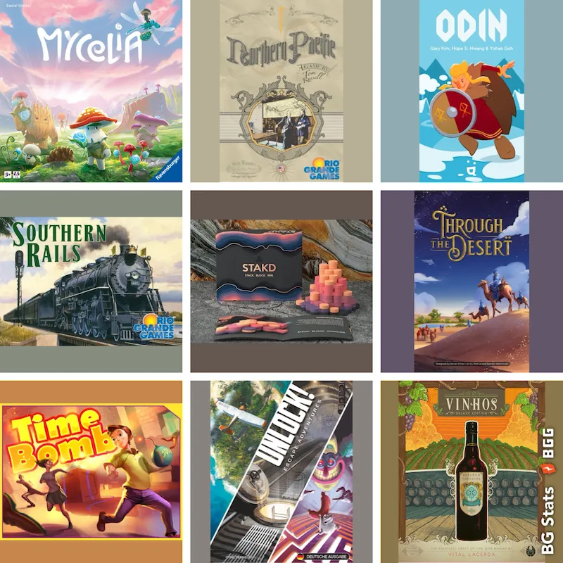 BG Stats 3 x 3. Mycelia; Northern Pacific; Odin; Southern Rails; STAKD; Through the Desert; Time Bomb; Unlock! Escape Adventures; Vinhos Deluxe Edition.
