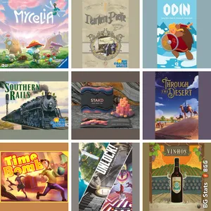 BG Stats 3 x 3. Mycelia; Northern Pacific; Odin; Southern Rails; STAKD; Through the Desert; Time Bomb; Unlock! Escape Adventures; Vinhos Deluxe Edition.
