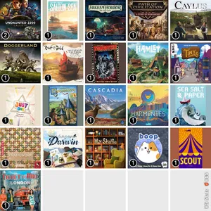 BG Stats 5 x 5. Play count: 2: Undaunted 2200: Callisto; 1: Salton Sea; 1: Arkham Horror: The Card Game; 1: Path of Civilization; 1: Caylus 1303; 1: Doggerland; 1: River of Gold; 1: Zombies!!!; 1: Hamlet: The Village Building Game; 1: Tiny Towns; 1: Just One; 1: Carcassonne; 1: Cascadia; 1: Harmonies; 1: Sea Salt & Paper; 1: Framework; 1: In the Footsteps of Darwin; 1: My Shelfie; 1: boop.; 1: SCOUT; 1: Ticket to Ride: London.