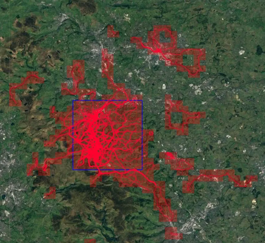 Satellite map of the area around Huddersfield with my bike rides mapped on it